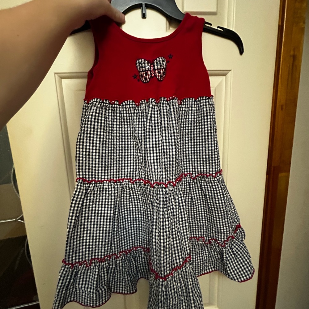 Red & Black Gingham Tiered Girls' Dress with Butterfly Accent